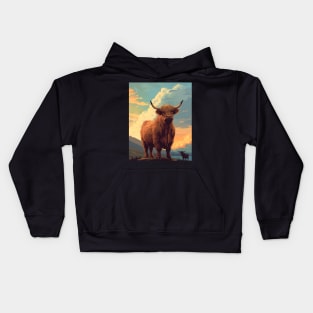 Highland Cattle Sunset Retro Art | Vintage-Inspired Landscape with Scottish Cows Kids Hoodie